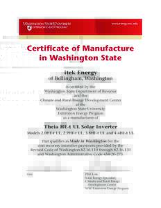 Certificate of Manufacture in Washington State itek Energy of Bellingham, Washington is certified by the