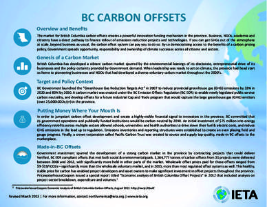 BC CARBON OFFSETS Overview and Benefits The market for British Columbia carbon offsets creates a powerful innovation funding mechanism in the province. Business, NGOs, academia and citizenry have a direct pathway to fina