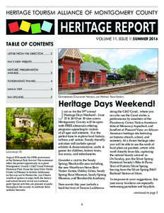 HERITAGE TOURISM ALLIANCE OF MONTGOMERY COUNTY  VOLUME 11, ISSUE 1: SUMMER 2016 TABLE OF CONTENTS LETTER FROM THE DIRECTOR