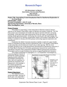 Research Paper U.S. DEPARTMENT OF ENERGY GEOTHERMAL TECHNOLOGIES PROGRAM EXPLORATION PEER REVIEW REPORT Project Title: Assembling Crustal Geophysical Data for Geothermal Exploration in