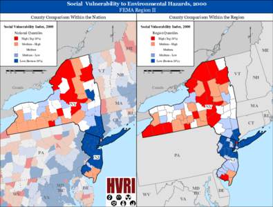 Social Vulnerability to Environmental Hazards, 2000 FEMA Region II County Comparison Within the Nation Social Vulnerability Index, 2000