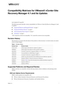 Compatibility Matrixes for VMware® vCenter Site Recovery Manager 4.1 and its Updates Last Updated: 30‐Aug‐2012 The following sections describe version compatibilities for VMware vCenter Site Recovery Ma
