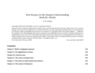 New Essays on the Human Understanding Book III—Words G. W. Leibniz Copyright ©2010–2015 All rights reserved. Jonathan Bennett [Brackets] enclose editorial explanations. Small ·dots· enclose material that has been 