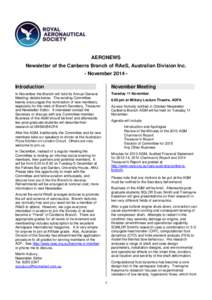 AERONEWS Newsletter of the Canberra Branch of RAeS, Australian Division Inc. - November 2014 Introduction November Meeting