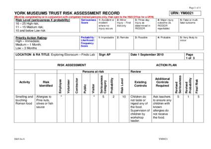 Page 1 of 4  YORK MUSEUMS TRUST RISK ASSESSMENT RECORD URN: YM0021