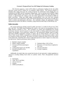 Governor’s Proposed Fiscal Year 2017 Budget for Performance Funding The Governor proposes a total of $50 million in performance funding for the nine public university systems and $9.5 million for 39 community college d