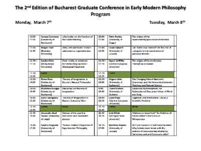 The 2nd Edition of Bucharest Graduate Conference in Early Modern Philosophy  Program Monday, March 7th  Tuesday, March 8th