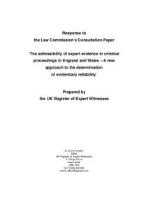 Response to the Law Commission’s Consultation Paper ‘The admissibility of expert evidence in criminal proceedings in England and Wales – A new approach to the determination