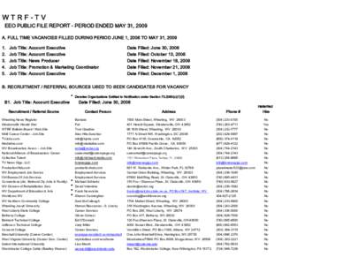 WTRF-TV EEO PUBLIC FILE REPORT - PERIOD ENDED MAY 31, 2009 A. FULL TIME VACANCIES FILLED DURING PERIOD JUNE 1, 2008 TO MAY 31, [removed].