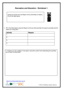 Recreation and Education - Worksheet 1  Using the extract from the Report of the Committee of Visitors, fill out the table below:  1. Fill in the table below using the Report to find out what activities the asylum provid