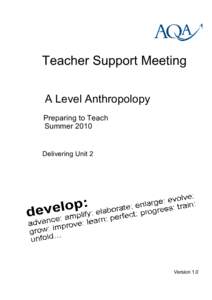 Teacher Support Meeting A Level Anthropolopy Preparing to Teach Summer 2010 Delivering Unit 2