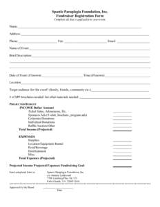 Spastic Paraplegia Foundation, Inc. Fundraiser Registration Form Complete all that is applicable to your event. Name:_______________________________________________________________________________ Address:_______________