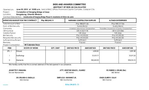 BIDS AND AWARDS COMMITTEE ABSTRACT OF BIDS AS CALCULATED June 03, 2015 at 10:00 a.m. held at BAC Office, Provincial Capitol Complex, Calapan City Opened on: Project: