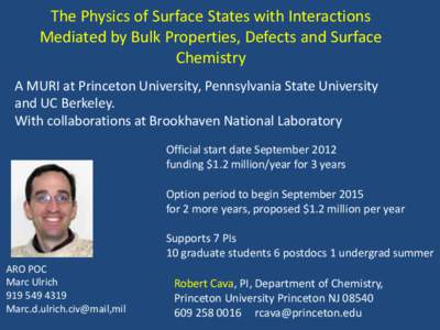 The Physics of Surface States with Interactions Mediated by Bulk Properties, Defects and Surface Chemistry A MURI at Princeton University, Pennsylvania State University and UC Berkeley. With collaborations at Brookhaven 