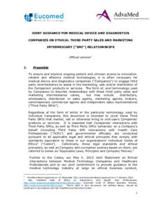 JOINT GUIDANCE FOR MEDICAL DEVICE AND DIAGNOSTICS COMPANIES ON ETHICAL THIRD PARTY SALES AND MARKETING INTERMEDIARY [“SMI”] RELATIONSHIPS Official version1 1.
