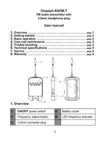 Cheetah RDFM-T FM audio transmitter with 3.5mm headphone plug User manual 1. Overview .... page 1