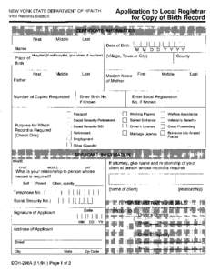 Application to Local Registrar for Copy of Birth Record NEW YORK STATE DEPARTMENT OF HEALTH Vital Records Section
