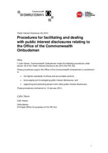 Public Interest Disclosure ActProcedures for facilitating and dealing with public interest disclosures relating to the Office of the Commonwealth Ombudsman