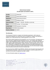 Oxford Internet Institute Job description and selection criteria Job title Researcher
