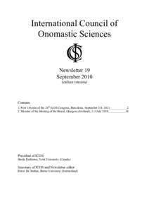 International Council of Onomastic Sciences Newsletter 19 Septemberonline version)