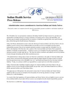 Indian Health Service Press Release June 26, 2013  FOR IMMEDIATE RELEASE