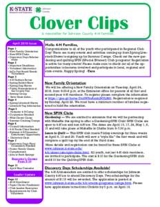 Clover Clips A newsletter for Johnson County 4-H families. April 2018 Issue Page 1  New Family Orientation