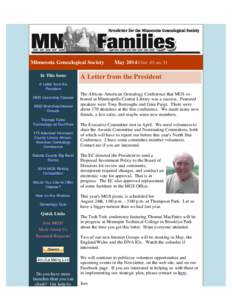     Minnesota Genealogical Society       MayVol. 45, no. 5) In This Issue A Letter from the