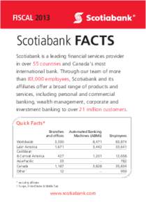 FISCALScotiabank FACTS Scotiabank is a leading financial services provider in over 55 countries and Canada’s most international bank. Through our team of more