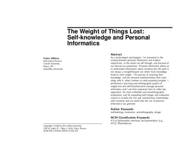 The Weight of Things Lost: Self-knowledge and Personal Informatics Abstract Kaiton Williams Information Science