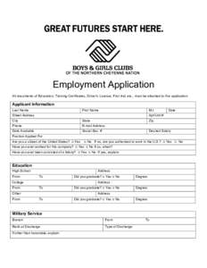 Employment Application All documents of Education, Training Certificates, Driver’s License, First Aid, etc., must be attached to this application. Applicant Information Last Name