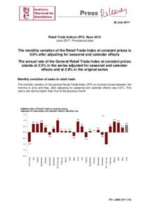 26 JulyRetail Trade Indices (RTI). Base 2010 JuneProvisional data  The monthly variation of the Retail Trade Index at constant prices is