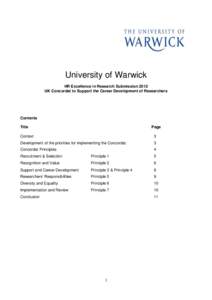 University of Warwick HR Excellence in Research Submission 2012 UK Concordat to Support the Career Development of Researchers Contents Title