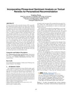 Incorporating Phrase-level Sentiment Analysis on Textual Reviews for Personalized Recommendation Yongfeng Zhang State Key Laboratory of Intelligent Technology and Systems Department of Computer Science and Technology Tsi