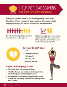 HELP FOR CAREGIVERS Self-Care for Family Caregivers Caring for yourself is one of the most important - and most forgotten - things you can do as a caregiver. When your needs are taken care of, the person you care for wil