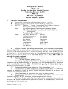 Borrego Water District MINUTES Regular Meeting of the Board of Directors Wednesday, February 23, 2011 9:00 AM 806 Palm Canyon Drive
