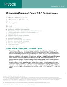 RELEASE NOTES  Greenplum Command CenterRelease Notes Greenplum Command Center version: 2.2.0 Greenplum Workload Manager version: 1.1.0 Rev: A01