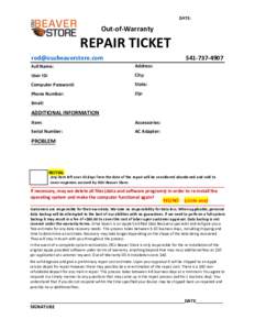 DATE:  Out-of-Warranty REPAIR TICKET 
