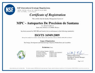 Certificate of Registration This certifies that the Quality Management System of FT  MPC - Autopartes De Precision de Santana