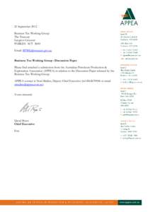 21 September 2012 Business Tax Working Group The Treasury Langton Crescent PARKES ACT 2600 Email: [removed]