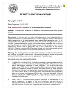 California Environmental Protection Agency Department of Toxic Substances Control Hazardous Waste Management Program PERMITTING DIVISION ADVISORY Advisory No. PA 03-01