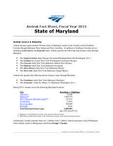 Amtrak Fact Sheet, Fiscal Year[removed]State of Maryland