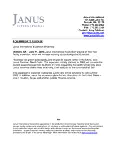 Janus International 134 East Luke Rd. Temple, GAPhone: Fax: Contact: Amy Fuhlman