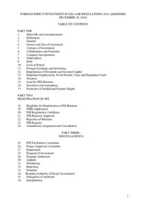 FOREIGN DIRECT INVESTMENT RULES AND REGULATIONSAMENDED DECEMBER 30, 2014) TABLE OF CONTENTS PART ONE 1. Short title and commencement