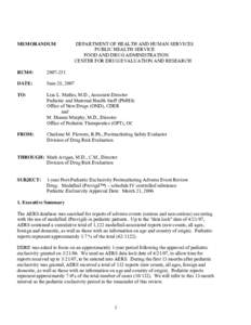MEMORANDUM  DEPARTMENT OF HEALTH AND HUMAN SERVICES PUBLIC HEALTH SERVICE FOOD AND DRUG ADMINISTRATION CENTER FOR DRUG EVALUATION AND RESEARCH
