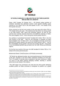 DP WORLD HANDLES 14.4 MILLION TEU IN THE THIRD QUARTER REFLECTING 10% GROWTH Dubai, UAE Tuesday 25 October 2011 – DP World’s global portfolio of container terminals has delivered another solid quarter handling gross 