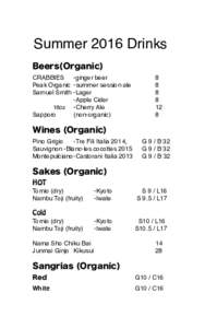 Summer 2016 Drinks Beers(Organic) CRABBIES -ginger beer Peak Organic -summer session ale Samuel Smith -Lager -Apple Cider