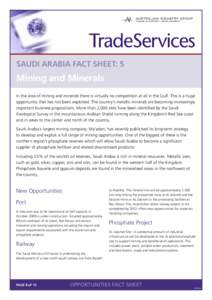 SAUDI ARABIA Fact Sheet: 5  Mining and Minerals In the area of mining and minerals there is virtually no competition at all in the Gulf. This is a huge opportunity that has not been exploited. The country’s metallic mi