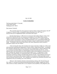 July 30, 2002 Letter of Admonition The Honorable Robert G. Torricelli United States Senate Washington, D.C[removed]Dear Senator Torricelli: