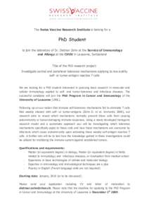 Position open - SVRI, Lausanne - PhD. Student