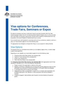 Visa options for Conferences, Trade Fairs, Seminars or Expos All visitors to Australia must have a valid visa to travel to and enter Australia (other than New Zealand passport holders who will normally be granted a Speci